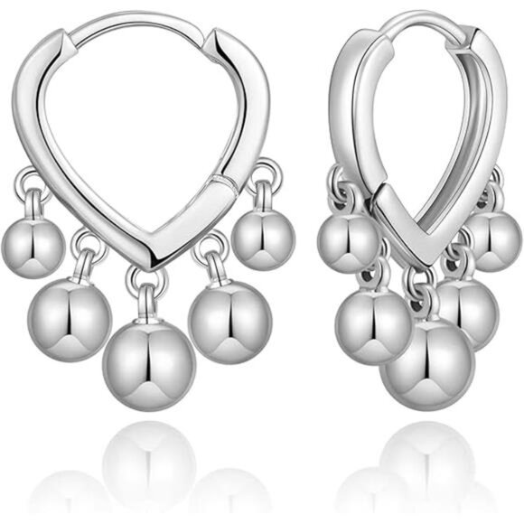 Huggie Earrings – Dangle Hoop with Tiny Gold Balls, Hypoallergenic & Elegant - Picture 3 of 3